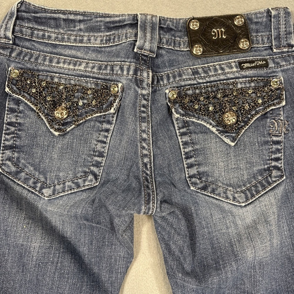 Miss Me Distressed Boot Cut Jeans -WOMENS 28 CHAINS EMBELISHED THICK STITCH